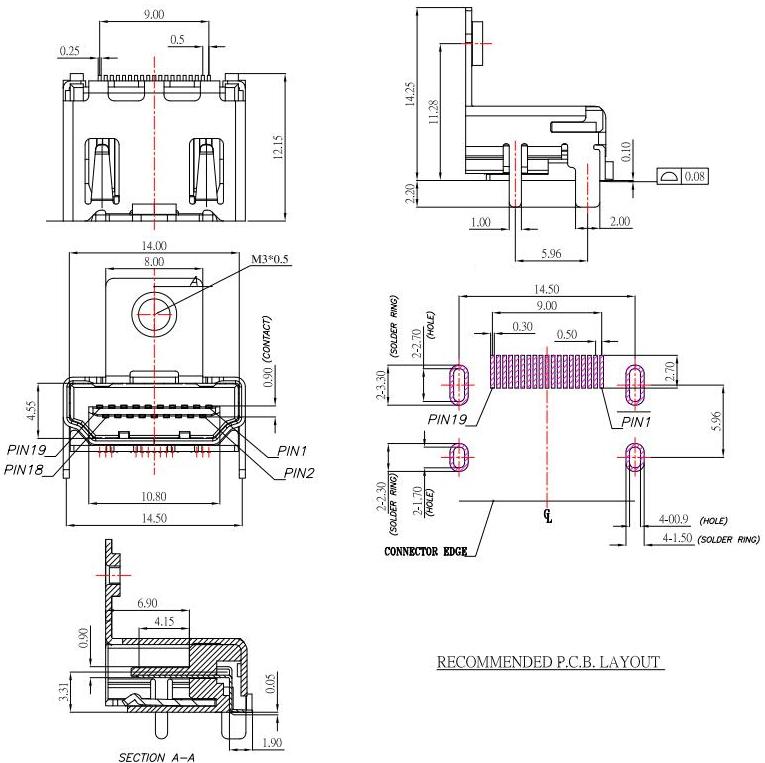 19腳HDMI接口,帶耳HDMI插座,SMT 無柱 孔高 H:11.28mm/HDMI-A-4規格圖