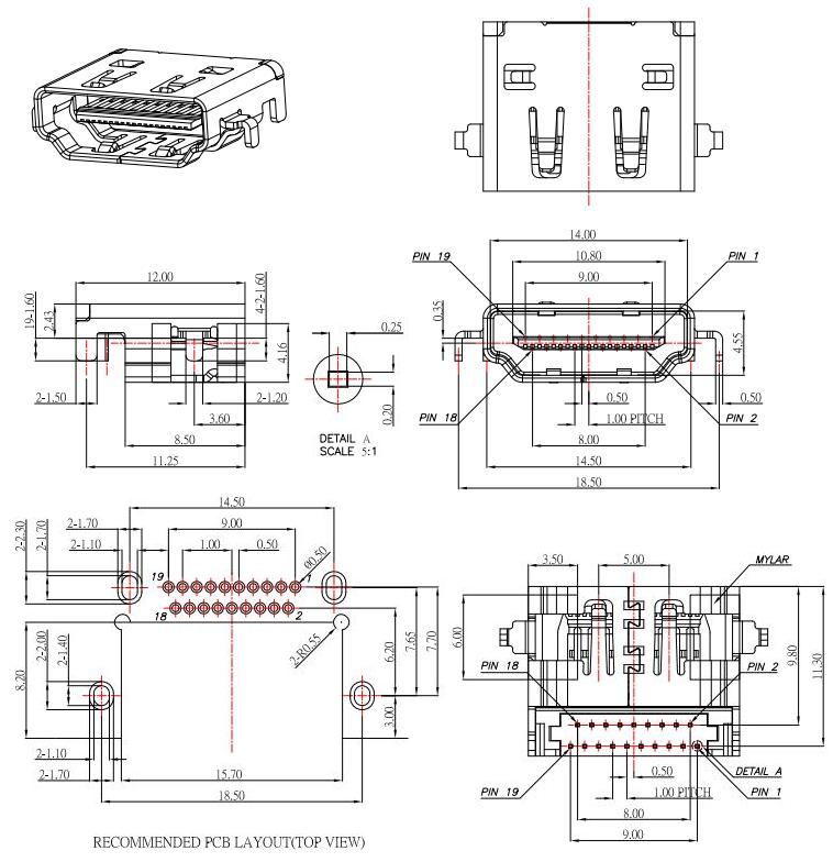 HDMI-A-9,DIP HDMI JACK 19P , 沉板HDMI母座19P, 板上高 H:2.43mm規(guī)格圖