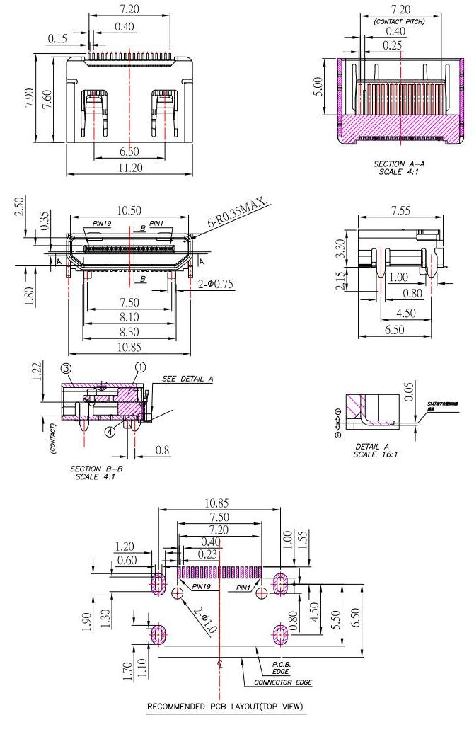 HDMI C TYPE ,HDMI接口外殼四腳插板,HDMI超清母座 HDMI-C-2規格書