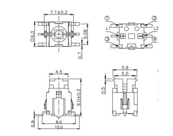 TS-036A六腳帶燈輕觸開關規格圖 TS-036A六腳帶燈輕觸開關規格圖