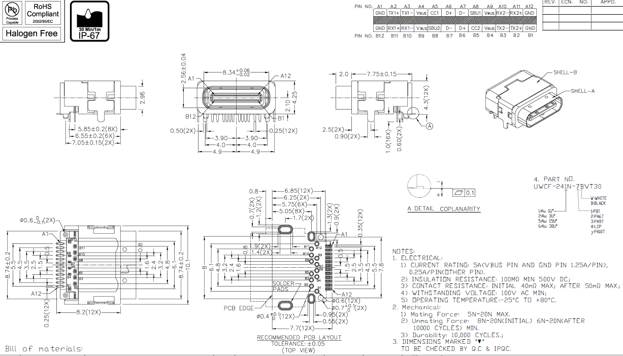 防水 USB Type-C 母座 連接器 板上 90度 24PIN 前插后貼 四腳 PA10料 CL=2.1 H=4.3 L=9.75規格圖 防水 USB Type-C 母座 連接器 板上 90度 24PIN 前插后貼 四腳 PA10料 CL=2.1 H=4.3 L=9.75規格圖